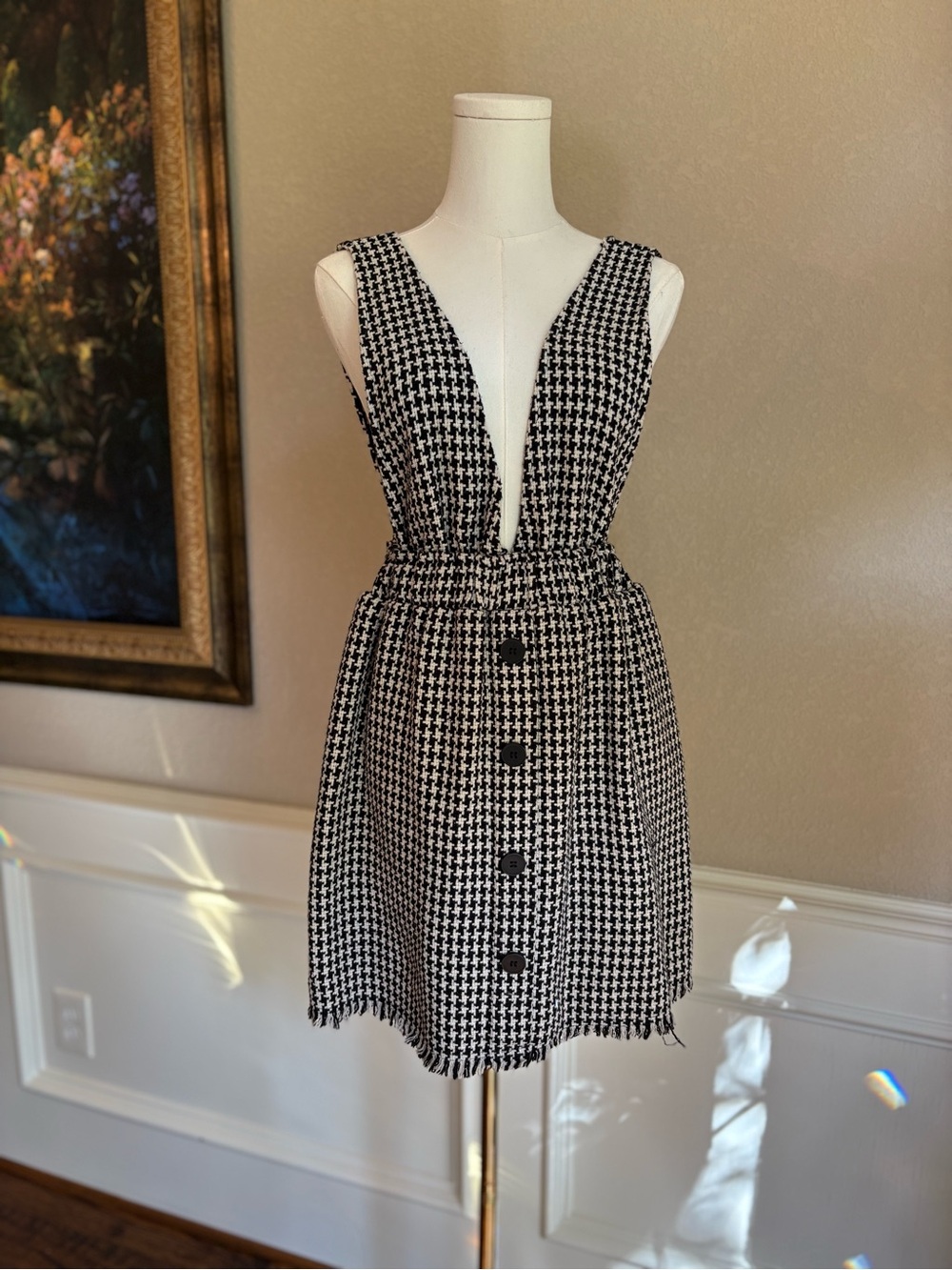 Miou Muse Black & White Houndstooth Plunge Neck A-Line Mini Dress Sz XS